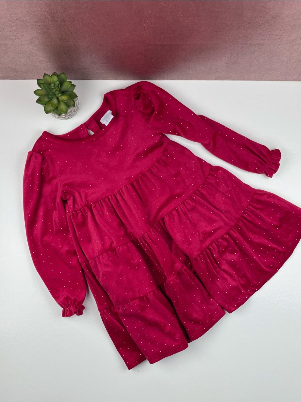 Tahari Red Silver Dots Sparkle Long Sleeve Ruffle Dress Child Girl Size 5
